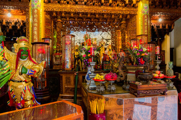 Tainan, Taiwan, Asia, October 12, 2019 Fresh fruit as an offering to ancient deities at the altar...