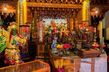 Tainan, Taiwan, Asia, October 12, 2019 Fresh fruit as an offering to ancient deities at the altar in a Taiwanese temple