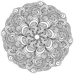 Contour antistress mandala with many curls and linear arches, zen coloring page with ornate patterns