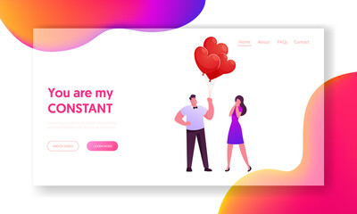 Couple Characters Romantic Proposal Landing Page Template. Man Gives Bunch of Balloons in Shape of Heart to Young Woman