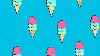 ice cream with several creamy balls on a blue background, vector volumetric illustration, pattern. milk ice cream, berry flavor. decor and decoration of kitchen and cafe, wallpaper for restaurant