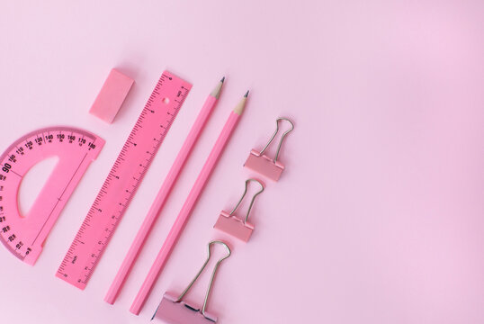 Studio shot of pink school supplies
