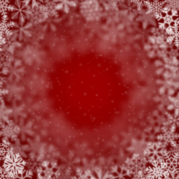 Christmas background of snowflakes of different shape, blur and transparency, arranged in a circle, on red background