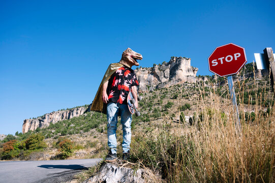 Man wearing dinosaur mask holding skateboard while standing by stop sign against clear sky