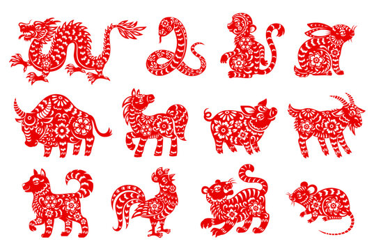 Chinese horoscope animal isolated icons with red paper cut zodiac symbols of Lunar New Year. Vector rat, mouse, pig and dog, dragon, tiger and monkey, horse, snake, rooster and ox, goat, rabbit, sheep