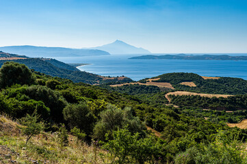 Greece, Overlook of bay of Mount Athos peninsula in summer