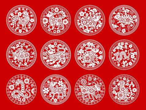 Chinese zodiac animals isolated vector icons set. White horoscope signs cock, dog and pig, rat, bull and tiger. Hare, dragon and snake, horse, goat and ape on red background. Asian symbols of year