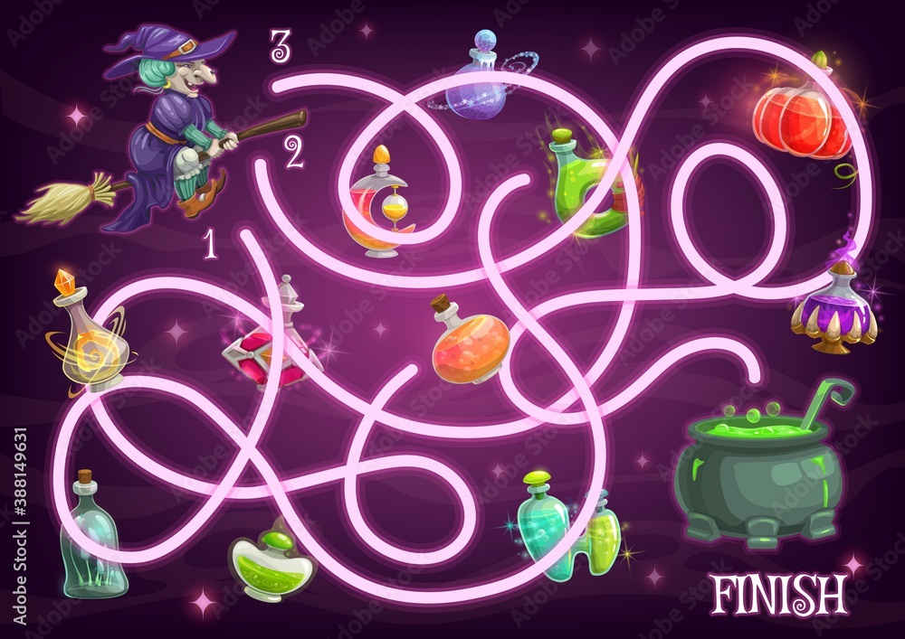 Aufkleber halloween maze game vector template of children education labyrinth puzzle with witch and potion. fi