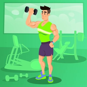 Strong man working out with dumbbells in Fitness Gym