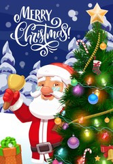 Christmas tree and Santa with Xmas bell and gifts in winter holiday forest vector greeting card. Claus in red suit with present boxes, ribbon bows and snow, stars, snowflakes, candy canes and balls