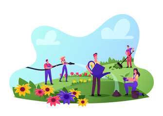 Fototapeta premium Male Female Gardener Characters Wearing Working Overalls Care of Flowers on Field Raking, Watering and Planting Sprouts