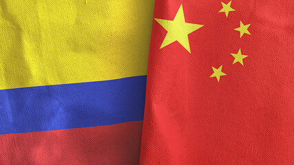 China and Colombia two flags textile cloth 3D rendering