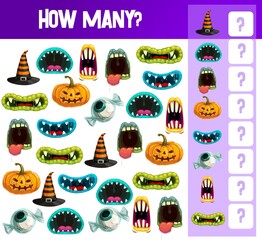 Halloween counting game vector template of kids educational puzzle or math book worksheet. Find and count how many Halloween monster mouths, pumpkin lanterns, witch hats and trick or treat candies