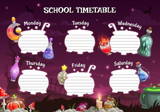 School timetable or student schedule vector template of children education planner with frame background of Halloween horror night. Weekly lesson table or study plan layouts in shape of witch cauldron