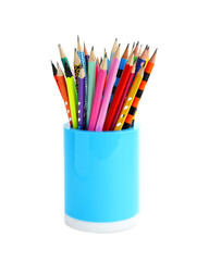 Holder with different pencils on white background. School stationery
