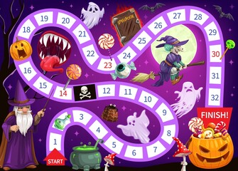 Halloween start to finish children board game vector template. Cartoon strategy maze or puzzle of journey map with numbered steps and pumpkin full of trick or treat candies at finish, ghosts and witch