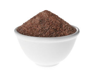 Ground black salt in bowl isolated on white