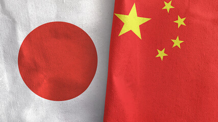 China and Japan two flags textile cloth 3D rendering