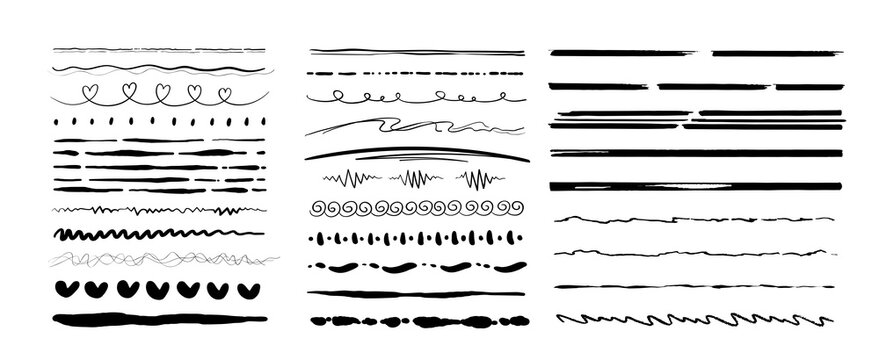 Sketch underlines. Crosshatch pen brush lines, pencil textured strokes. Marker hand-drawn line border set and scribble design elements. Line Doodles, Scribble, Underlines. Vector illustration