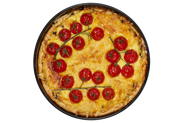 Delicious quiche with baked tomatoes on a branch and chicken