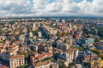Rome cityscape aerial panorama of many buildings with orange roofs from above. Beautiful Italy city landscape.