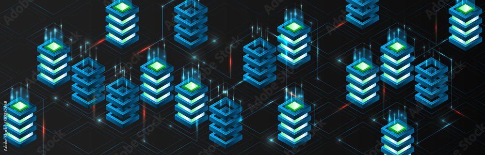 Poster Big data analysis processing. Network connection and information exchange. Creative Web hosting banner. Information flow on the black background. Abstract futuristic data center.
