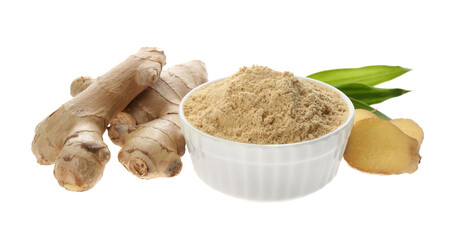 Dry ginger powder, fresh root and leaves isolated on white