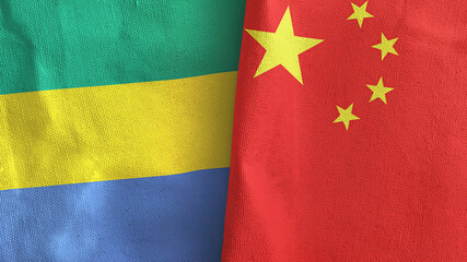 China and Gabon two flags textile cloth 3D rendering