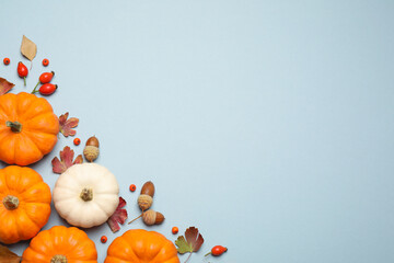 Different pumpkins, autumn leaves, berries and acorns on light blue background, flat lay. Space for...