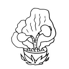 Magic liquid is poured into a boiling cauldron from two vials, which form a large mystical vapor. Vector illustration for the holiday Halloween.