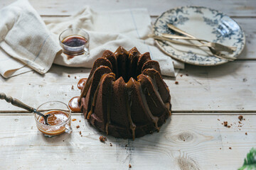 traditional homemade bundt cake with caramel icing