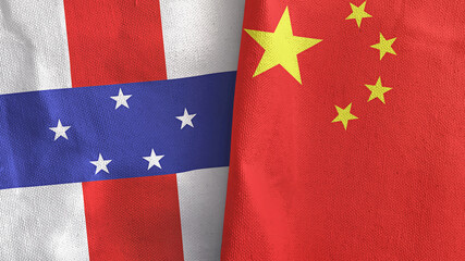 China and Netherlands Antilles two flags textile cloth 3D rendering