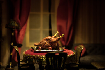 Whole Homemade Thanksgiving Turkey. Thanksgiving Turkey miniature on table. Selective focus