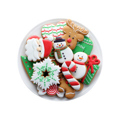Delicious gingerbread Christmas cookies on white background, top view