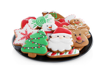 Delicious gingerbread Christmas cookies on white background