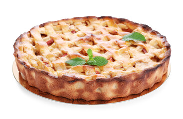 Delicious traditional apple pie with mint isolated on white