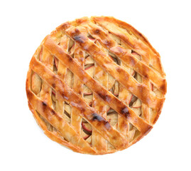 Delicious traditional apple pie isolated on white, top view
