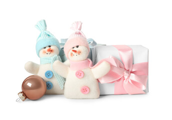 Cute snowmen and Christmas decoration on white background
