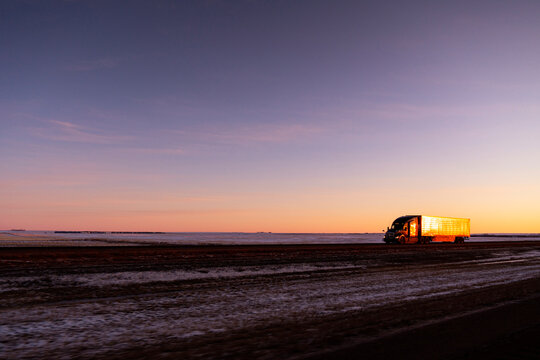 Long haul trucker in rural Alberta, Canada.