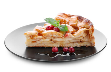 Slice of traditional apple pie with berries on white background
