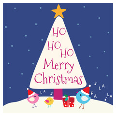 Cute colorful Merry Christmas greeting card with lettering. Happy birds with Santa hats, present and Xmas tree illustration on blue background. Vector design element. Great for stickers, labels, tags