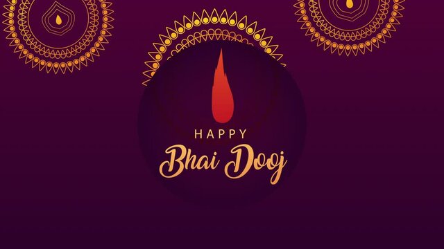 happy bhai dooj celebration animation with lettering and flame in mandalas pattern