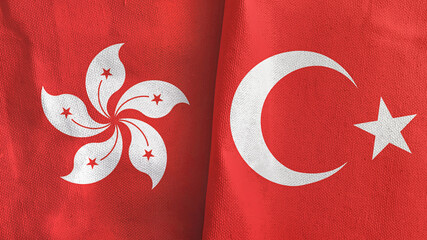 Turkey and Hong Kong two flags textile cloth 3D rendering
