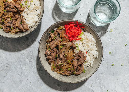 Japanese beef rice bowl with red pickled ginger