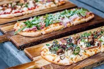 flatbread pizza on a table