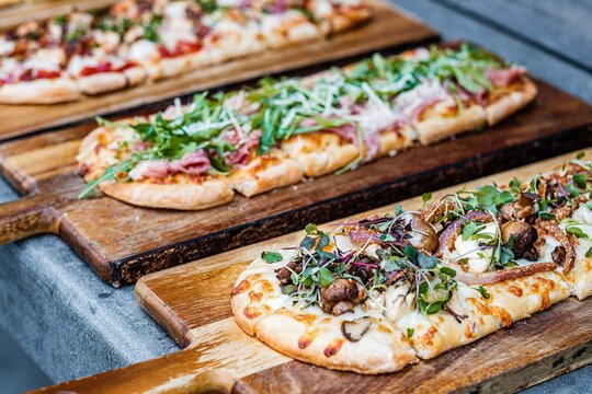 flatbread pizza on a table