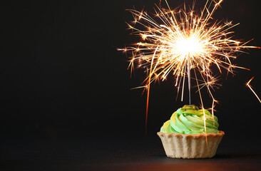 Cupcake with burning sparkler on black background. Space for text