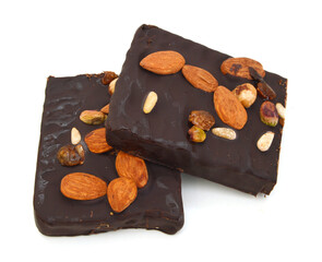 Chocolate with almonds , peanuts on white background