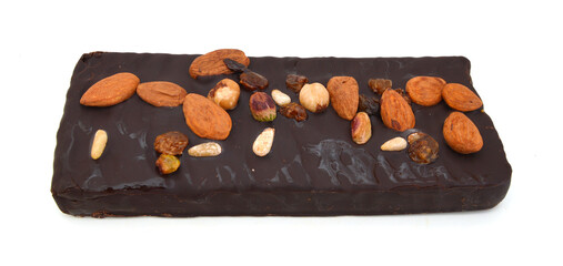 Chocolate with almonds , peanuts on white background