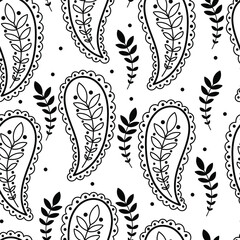 Floral Indian paisley one direction repeating pattern. Black on transparent oriental background